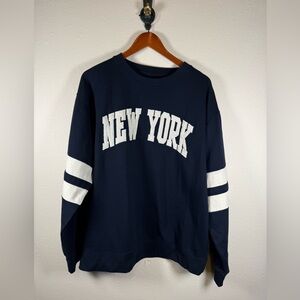 New York Popular Sweatshirt Womans XL Navy White Striped Sleeves Academia Preppy